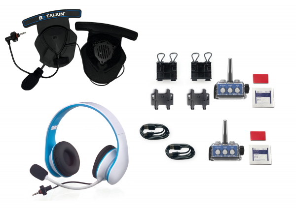 Popular two way communication package used by wakeboard coaches. One headset goes on the students helmet and is waterproof. The second is for the coach on the boat.