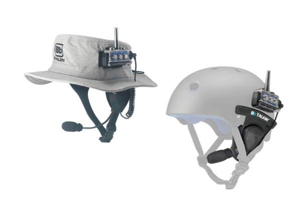 Superior waterproof communication set for water sports athletes. One unit mounts on a helmet, one unit mounts on a surf hat.