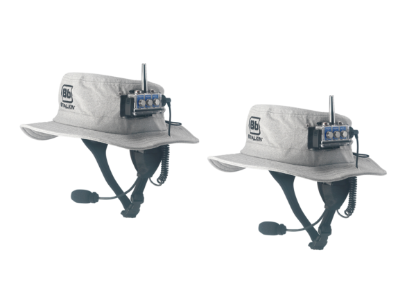 Waterproof two way communication radios to wear on a surf hat.