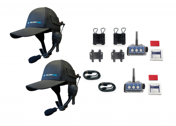 Two way waterproof communication package with premium baseball caps.
