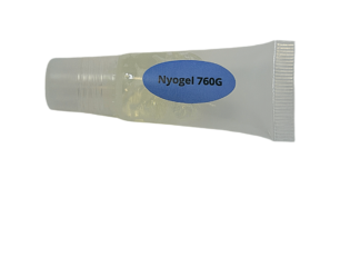 Tube of Nyogel 760G lubricant with blue label, white tube and ribbed cap, displayed horizontally